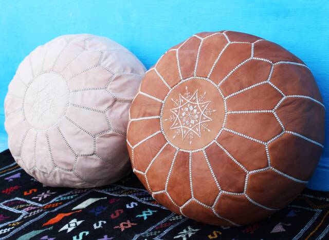 Set Of 2 White Leather Moroccan Poufs Handmade Ottoman Footstools - image 1