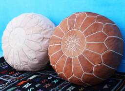 Set Of 2 White Leather Moroccan Poufs Handmade Ottoman Footstools - thumbnail 1