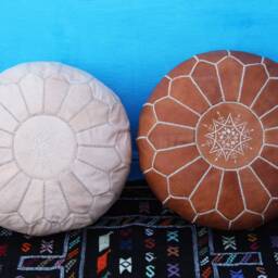 Set Of 2 White Leather Moroccan Poufs Handmade Ottoman Footstools - thumbnail 2