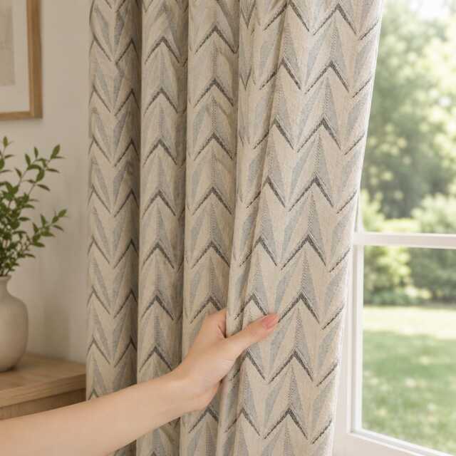 Beige Chevron Jacquard Curtain, Modern Textured Drapes, Neutral Living Room Bedroom Panel - image 1