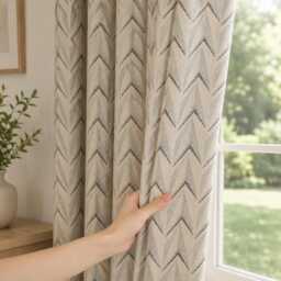 Beige Chevron Jacquard Curtain, Modern Textured Drapes, Neutral Living Room Bedroom Panel - thumbnail 1
