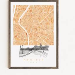 Seville Watercolor Map & Architectural Sketch Print Spain City Block Plan - Art Print European Travel Wedding Gift Mediterranean Decor