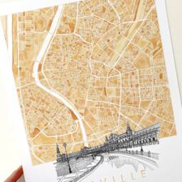 Seville Watercolor Map & Architectural Sketch Print Spain City Block Plan - Art Print European Travel Wedding Gift Mediterranean Decor - thumbnail 2