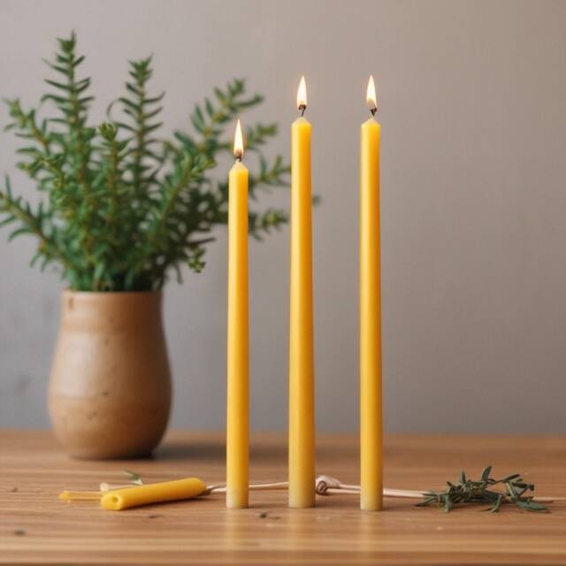 Set Of Three - x3 Sandalwood Beeswax Tapered Pillar Candles With Hemp Wick - image 1
