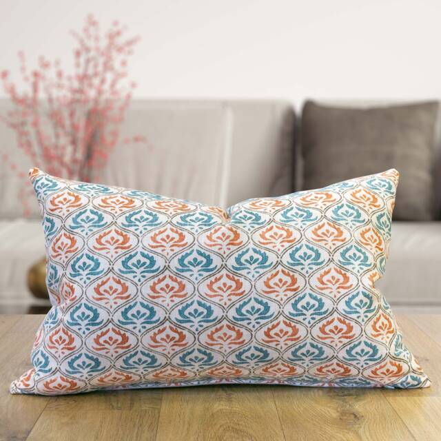 Tamil Batik Xl Rectangular Cushion. Teal Blue & Orange Indonesian Inspired Geometric Floral Design. Eco-Friendly Cotton & Velvet, 23X15 - image 1