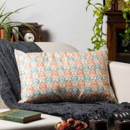 Tamil Batik Xl Rectangular Cushion. Teal Blue & Orange Indonesian Inspired Geometric Floral Design. Eco-Friendly Cotton & Velvet, 23X15 - thumbnail 3