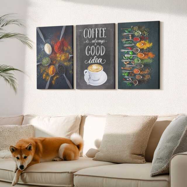 Canvas Set Of 3 Wall Art - Spices Coffee With A Cup Kitchen Herbs Patterns, Gray Print On Canvas, Food & Drinks Hanging Piece - image 1