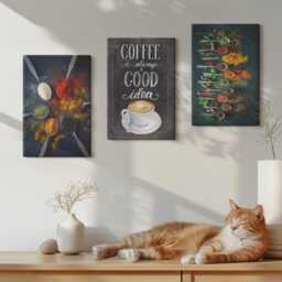 Canvas Set Of 3 Wall Art - Spices Coffee With A Cup Kitchen Herbs Patterns, Gray Print On Canvas, Food & Drinks Hanging Piece - thumbnail 3