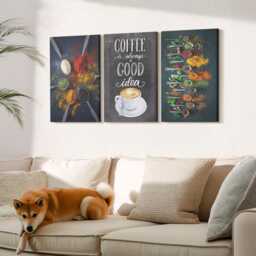 Canvas Set Of 3 Wall Art - Spices Coffee With A Cup Kitchen Herbs Patterns, Gray Print On Canvas, Food & Drinks Hanging Piece - thumbnail 1