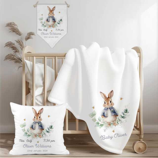 Personalised Blue Rabbit Baby Blanket Set, Bunny Cushion & Linen Flag, Custom New Gift, Nursery Decor, Boy Keepsake - image 1