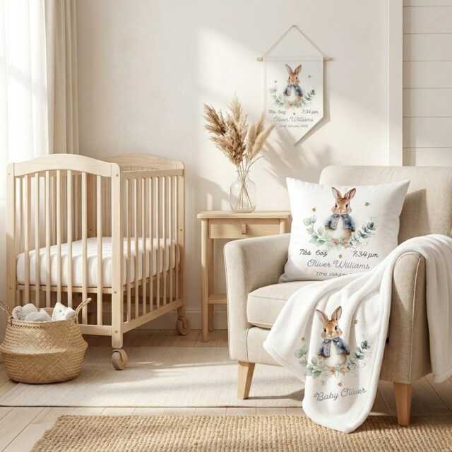 Personalised Blue Rabbit Baby Blanket, Cushion, Linen Flag Set - image 1