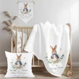 Personalised Blue Rabbit Baby Blanket Set, Bunny Cushion & Linen Flag, Custom New Gift, Nursery Decor, Boy Keepsake - thumbnail 1
