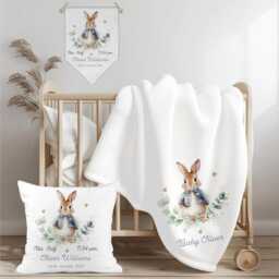 Personalised Blue Rabbit Baby Blanket, Cushion, Linen Flag Set - thumbnail 2