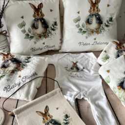 Personalised Blue Rabbit Baby Blanket Set, Bunny Cushion & Linen Flag, Custom New Gift, Nursery Decor, Boy Keepsake - thumbnail 2