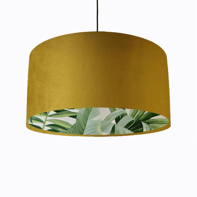 Mustard Velvet Drum Lampshade With Lush Green Leaves Lining, Large Yellow Tropical Lightshade - image 1