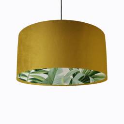 Mustard Velvet Drum Lampshade With Lush Green Leaves Lining, Large Yellow Tropical Lightshade