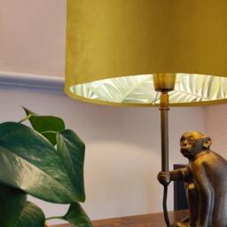 Mustard Velvet Drum Lampshade With Lush Green Leaves Lining, Large Yellow Tropical Lightshade - thumbnail 2
