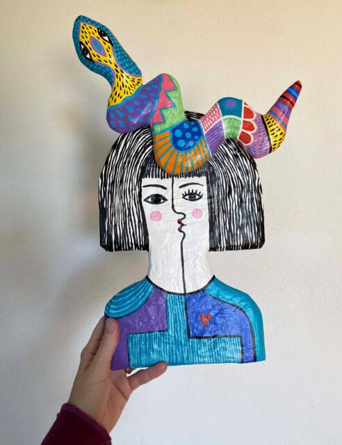 Handmade Snake Lady Paper Mache Wall Hanging - Colorful Home Decor - image 1