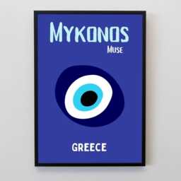 Mykonos Greece Evil Eye Poster, Blue Minimal Wall Art, Greek Island Decor, Modern Travel Print, Coastal Gift Idea - thumbnail 2
