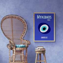 Mykonos Greece Evil Eye Poster, Blue Minimal Wall Art, Greek Island Decor, Modern Travel Print, Coastal Gift Idea - thumbnail 3