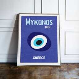 Mykonos Greece Evil Eye Poster, Blue Minimal Wall Art, Greek Island Decor, Modern Travel Print, Coastal Gift Idea - thumbnail 1