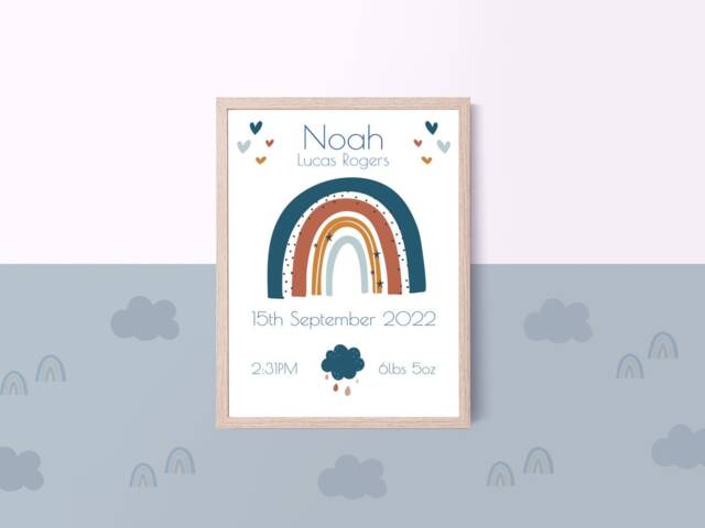 New Baby Boy Personalised Print - Blue Rainbow Nursery Decor Gift Birth Details Stats - image 1