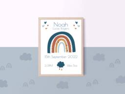 New Baby Boy Personalised Print - Blue Rainbow Nursery Decor Gift Birth Details Stats - thumbnail 1