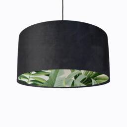 Black Velvet Drum Lampshade With Lush Green Leaves Lining, Large Tropical Lightshade