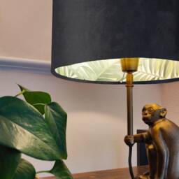 Black Velvet Drum Lampshade With Lush Green Leaves Lining, Large Tropical Lightshade - thumbnail 2