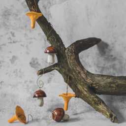 Handcrafted Ceramic Mushroom Ornaments - Christmas Tree Woodland Decor, Chanterelle, Boletus Set - thumbnail 3
