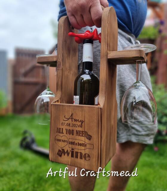 Rustic Wooden Wine Bottle Holder, Glasses Caddy, Custom Tray, Gift For Couples, Rack, Carrier, Perfect - image 1