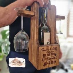 Rustic Wooden Wine Bottle Holder, Glasses Caddy, Custom Tray, Gift For Couples, Rack, Carrier, Perfect - thumbnail 2