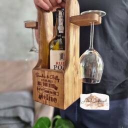 Rustic Wooden Wine Bottle Holder, Glasses Caddy, Custom Tray, Gift For Couples, Rack, Carrier, Perfect - thumbnail 3