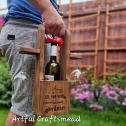 Rustic Wooden Wine Bottle Holder, Glasses Caddy, Custom Tray, Gift For Couples, Rack, Carrier, Perfect - thumbnail 4