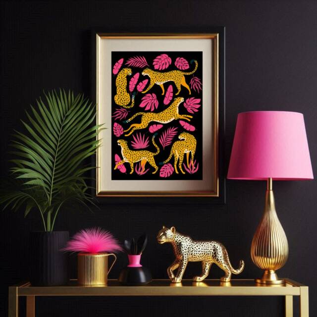 Leopard Jungle Wall Art, Hot Pink Tropical Leaves, Maximalist Print - image 1