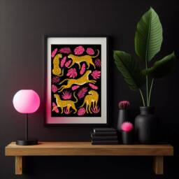 Leopard Jungle Wall Art, Hot Pink Tropical Leaves, Maximalist Print - thumbnail 2