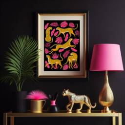 Leopard Jungle Wall Art, Hot Pink Tropical Leaves, Maximalist Print - thumbnail 1