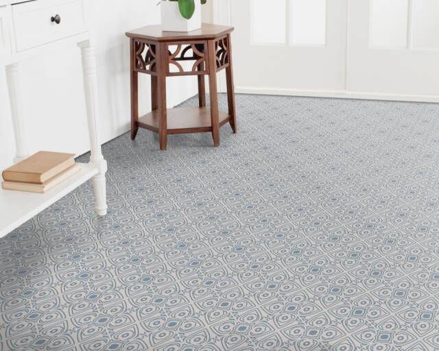 Regional Pattern Vinyl Flooring, Beige Sheet Blue Retro Floor Art, Abstract Kitchen Makeover, Office Decor - image 1
