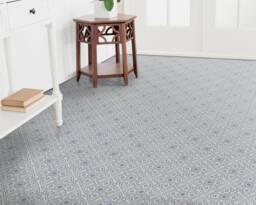 Regional Pattern Vinyl Flooring, Beige Sheet Blue Retro Floor Art, Abstract Kitchen Makeover, Office Decor