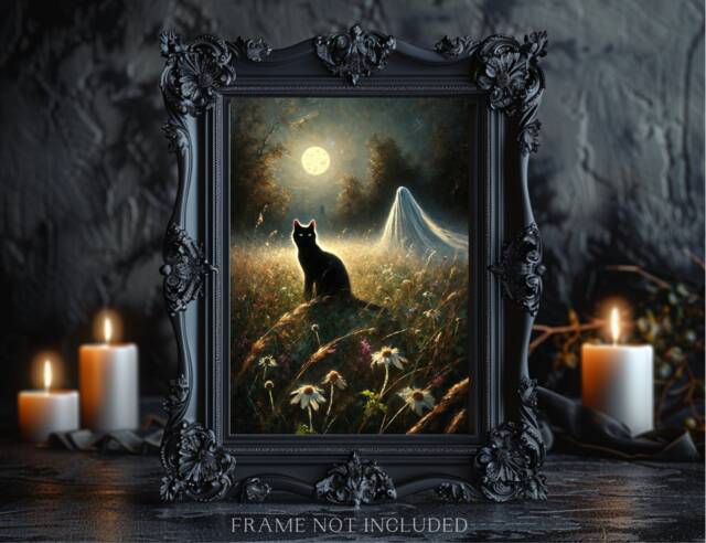 Ghost & Black Cat Print, Gothic Moonlit Poster, Victorian, Home Decor, Lover, Witchy, in Wildflowers - image 1