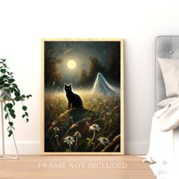 Ghost & Black Cat Print, Gothic Moonlit Poster, Victorian, Home Decor, Lover, Witchy, in Wildflowers - thumbnail 3
