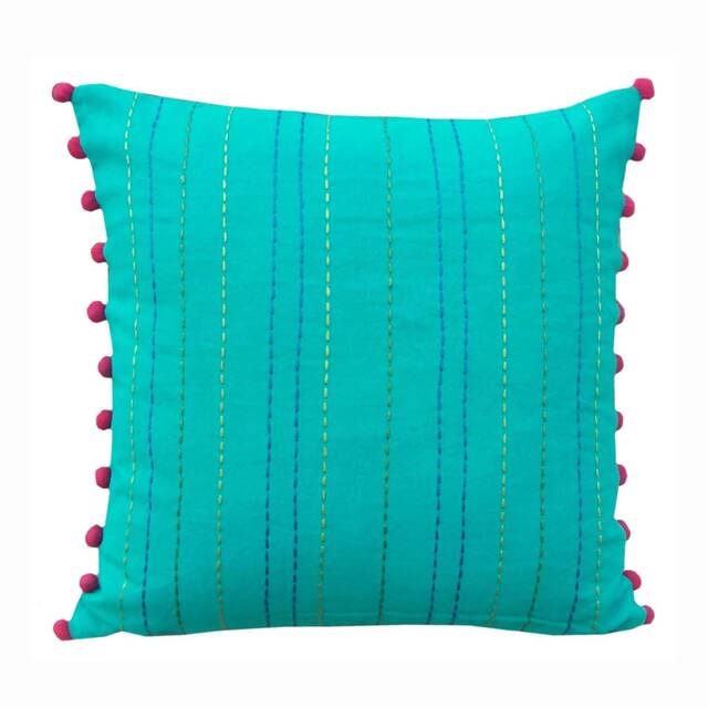 "Turquoise Cotton Throw Pillow Cover, Rice Stitch Embroidery, Pom Trim - 16""x 16" - image 1