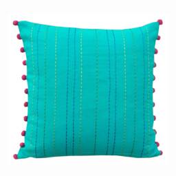 "Turquoise Cotton Throw Pillow Cover, Rice Stitch Embroidery, Pom Trim - 16""x 16"