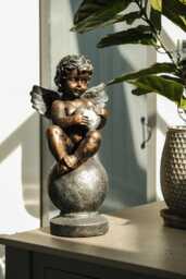 Bronze Effect Cherub With Heart Sitting Angel Garden Decoration Ornament - thumbnail 1