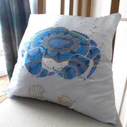 Cushion Cover. Silk. Ocean Theme. Handpainted. Crab Motif. Metallic Effects. Bedroom Decoration