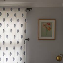 Hand Block Printed Linen Curtain Panel, Blue Flower, Rod Pocket - thumbnail 3