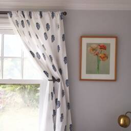 Hand Block Printed Linen Curtain Panel, Blue Flower, Rod Pocket - thumbnail 2