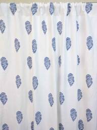 Hand Block Printed Linen Curtain Panel, Blue Flower, Rod Pocket