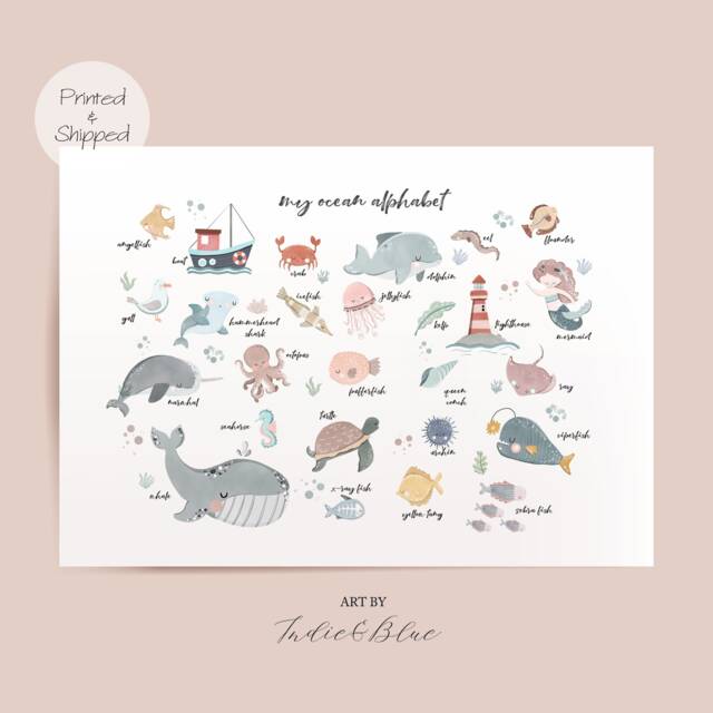 Sea Alphabet Print, Under The Ocean Nautical Nursery Girl Decor, Educational Playroom Prints, Scandi Kids Art - image 1