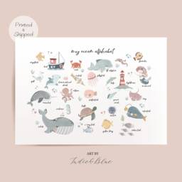 Sea Alphabet Print, Under The Ocean Nautical Nursery Girl Decor, Educational Playroom Prints, Scandi Kids Art - thumbnail 1